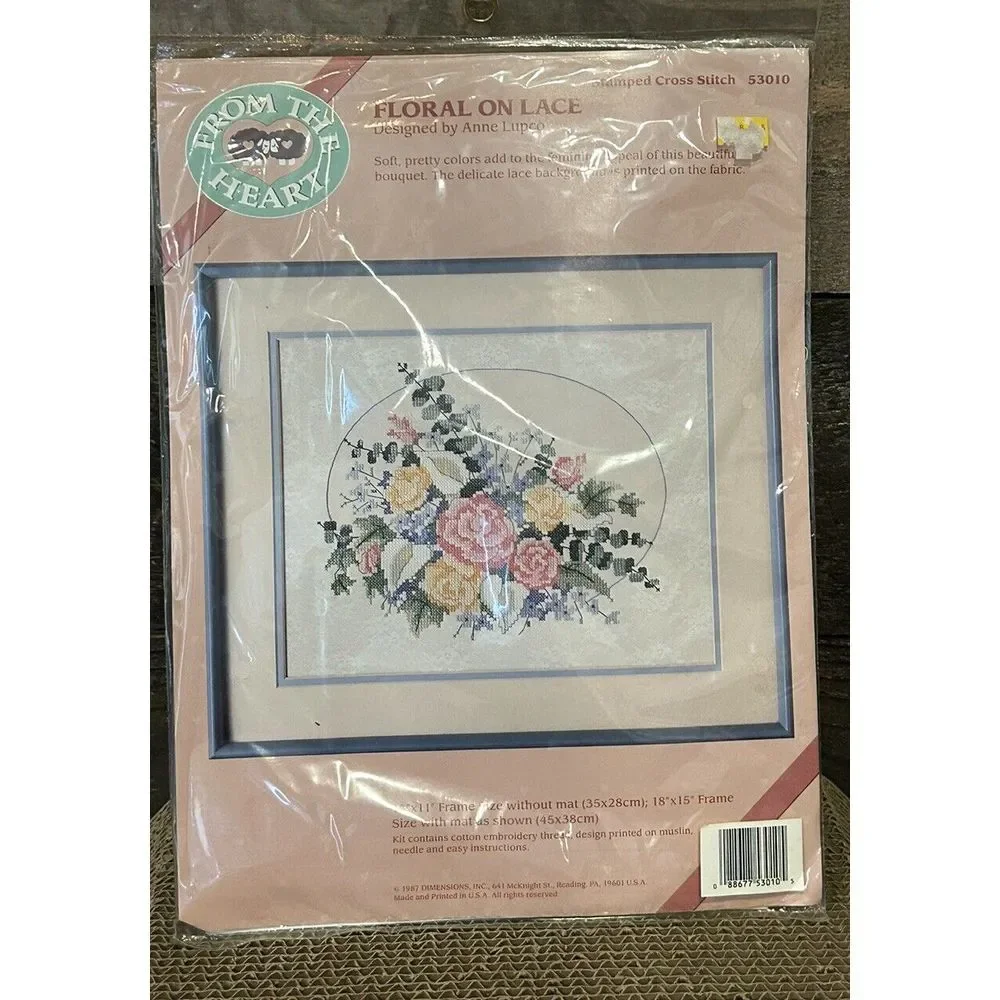 1987 Dimensions‎ From The Heart Floral On Lace Counted Cross Stitch Kit #53010